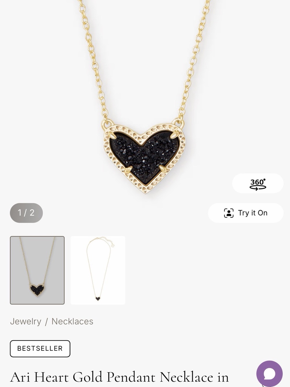 Kendra Scott Gold Heart Necklace with Black Druzy